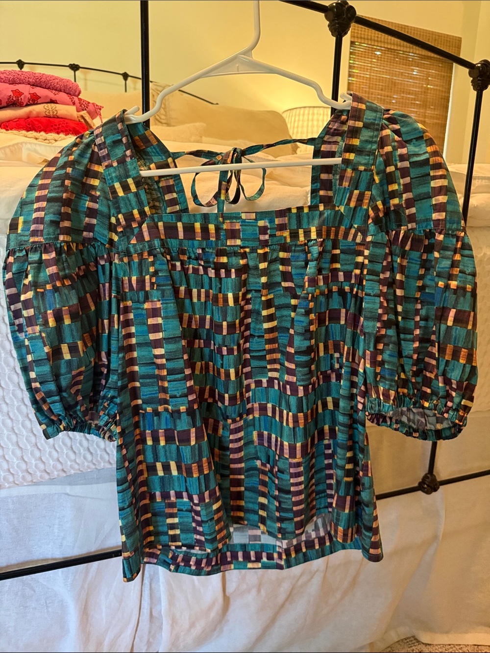 Marie Oliver Teal Multi-Stripe Square-Neck Puff Sleeve Blouse